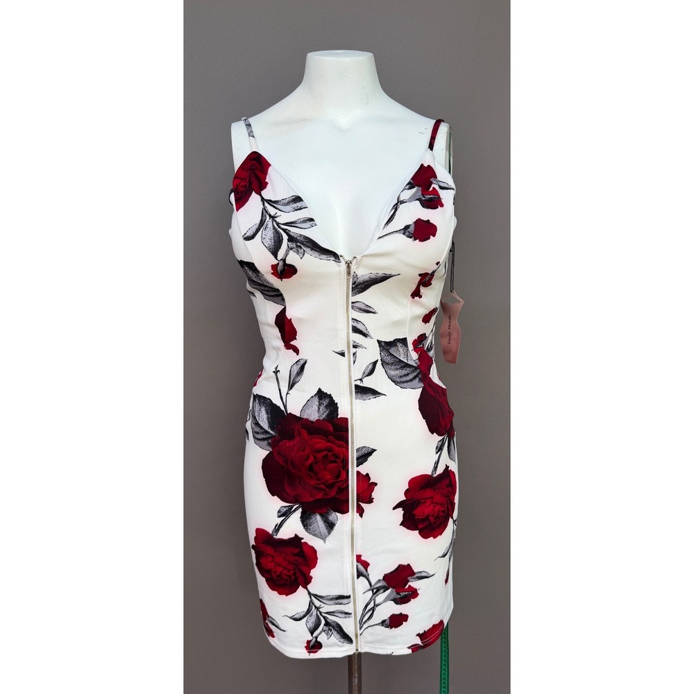 Haute Monde Rose Floral Zipper Bodycon Mini Dress L White Red Coquette Party NWT